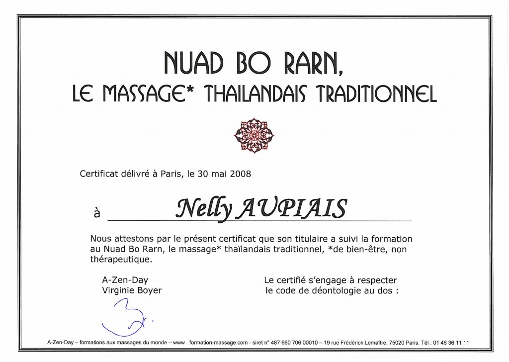 Certificat de stage en massage Thailandais